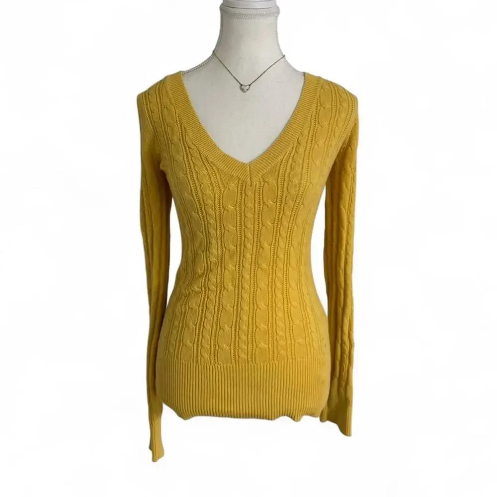 American Eagle Y2K Fitted FullLength Cable Knit V Neck Sweater LongSleeve Size M